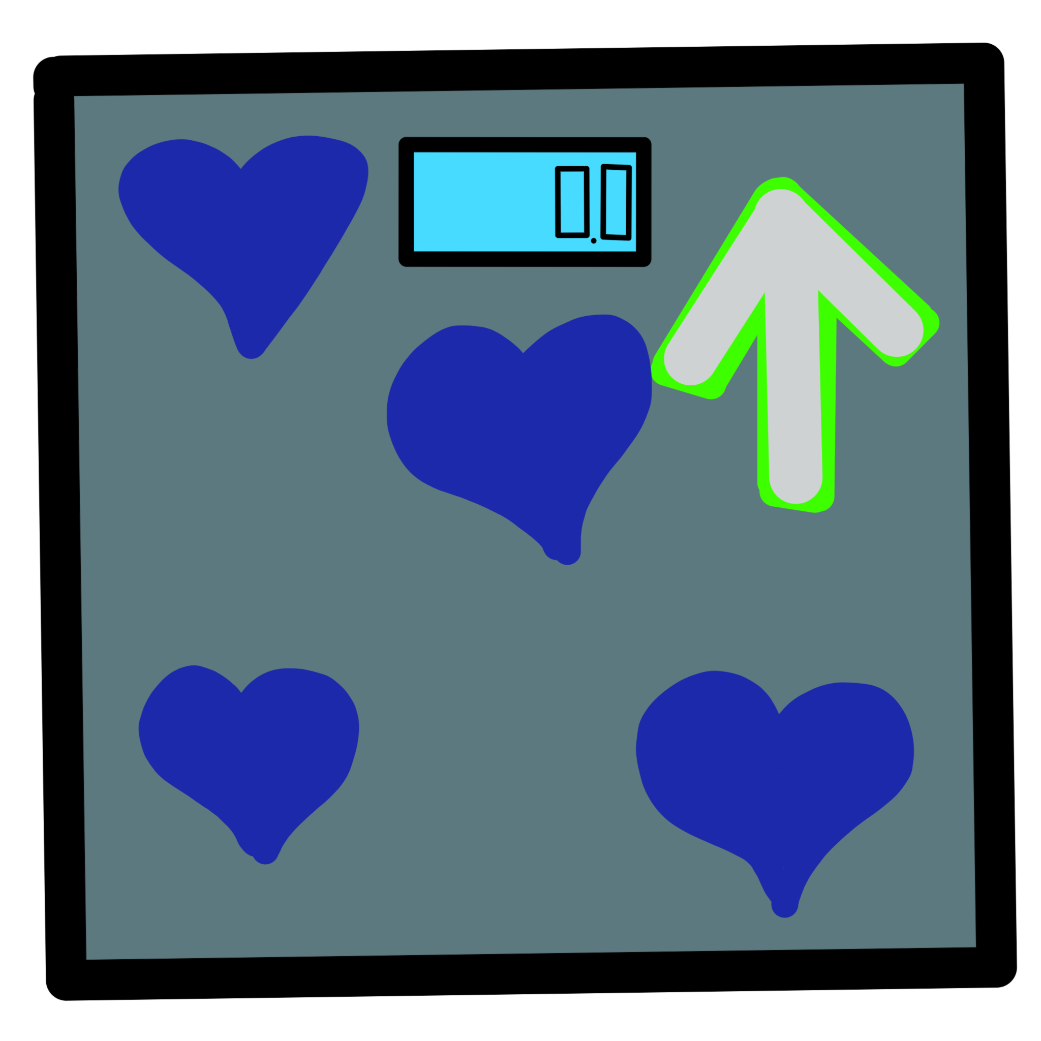 a drawing of a gray scale with a blue screen showing 0.0 on it. On the top right corner of the scale is a an arrow pointing up the arrow is outlined in green The rest of the scale is covered in blue hearts